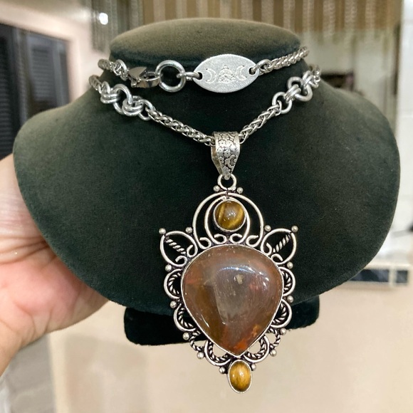 925 sterling silver overlay charm red jasper & golden brown tiger eye necklace - Picture 15 of 16